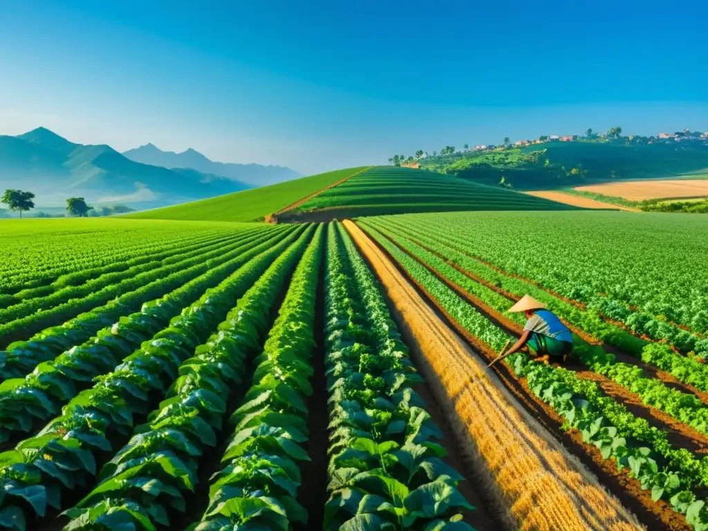 Un campo verde exuberante con cultivos vibrantes bajo un cielo azul despejado