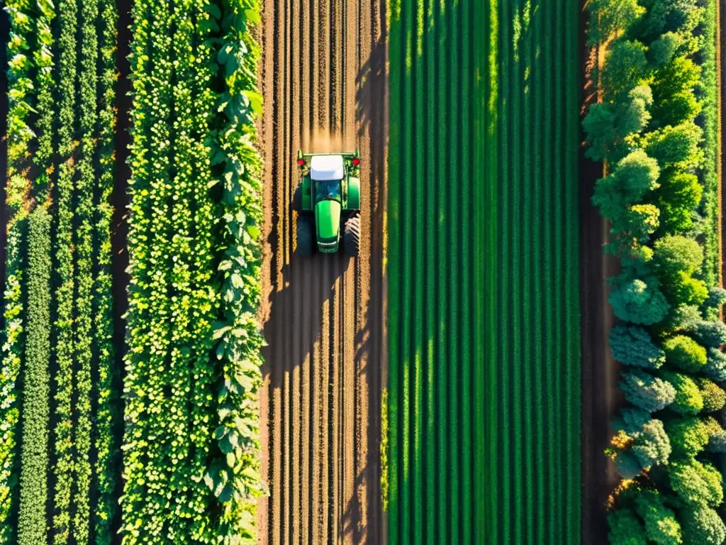 Campo verde exuberante con cultivos y tractor moderno