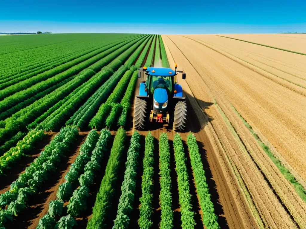 Campo verde exuberante con cultivos ordenados y tractor de alta tecnología