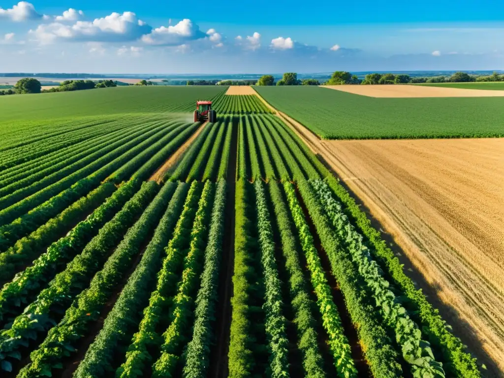 Campo fértil: 5G impulsa la agricultura Campo verde exuberante con cultivos ordenados, tractor a lo lejos