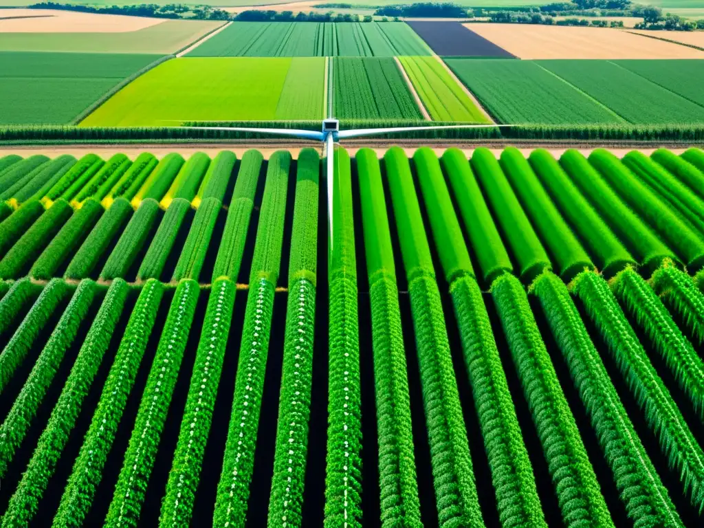 Un campo verde exuberante con cultivos de precisión y maquinaria automatizada