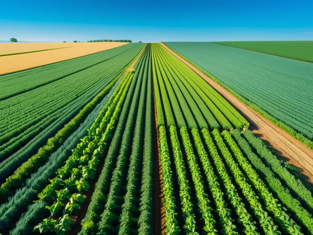 Un campo verde exuberante con cultivos en hileras bajo un cielo azul