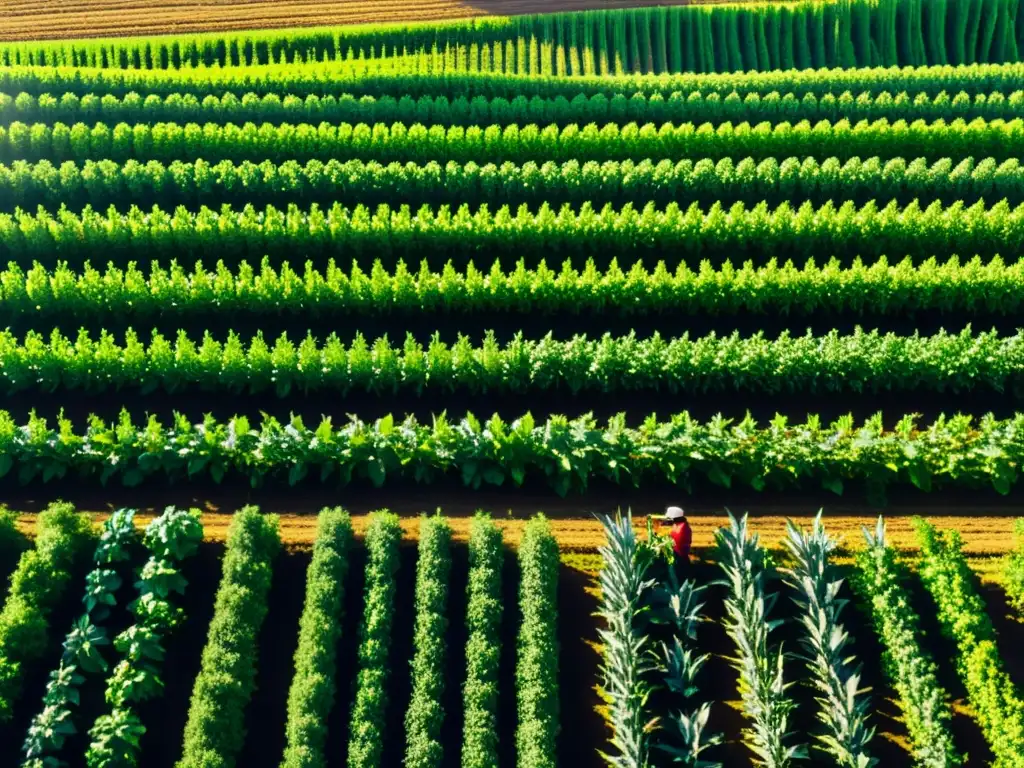 Un campo verde exuberante con cultivos organizados meticulosamente, bañado por la luz del sol