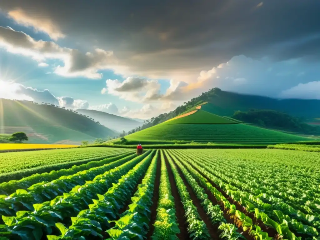 Un campo verde exuberante se extiende hacia el horizonte, con cultivos en filas ordenadas