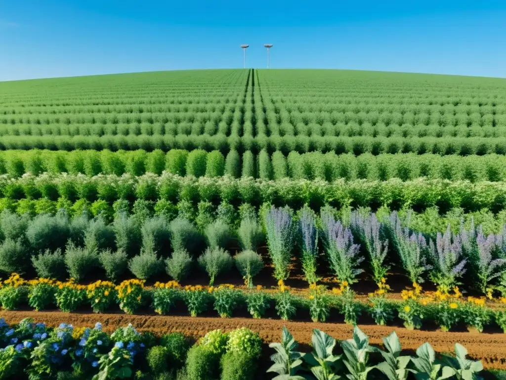 Agricultura ecológica con 5G: Campo verde exuberante, ordenado y vibrante, salpicado de flores silvestres y abejas, bañado por la luz dorada del sol