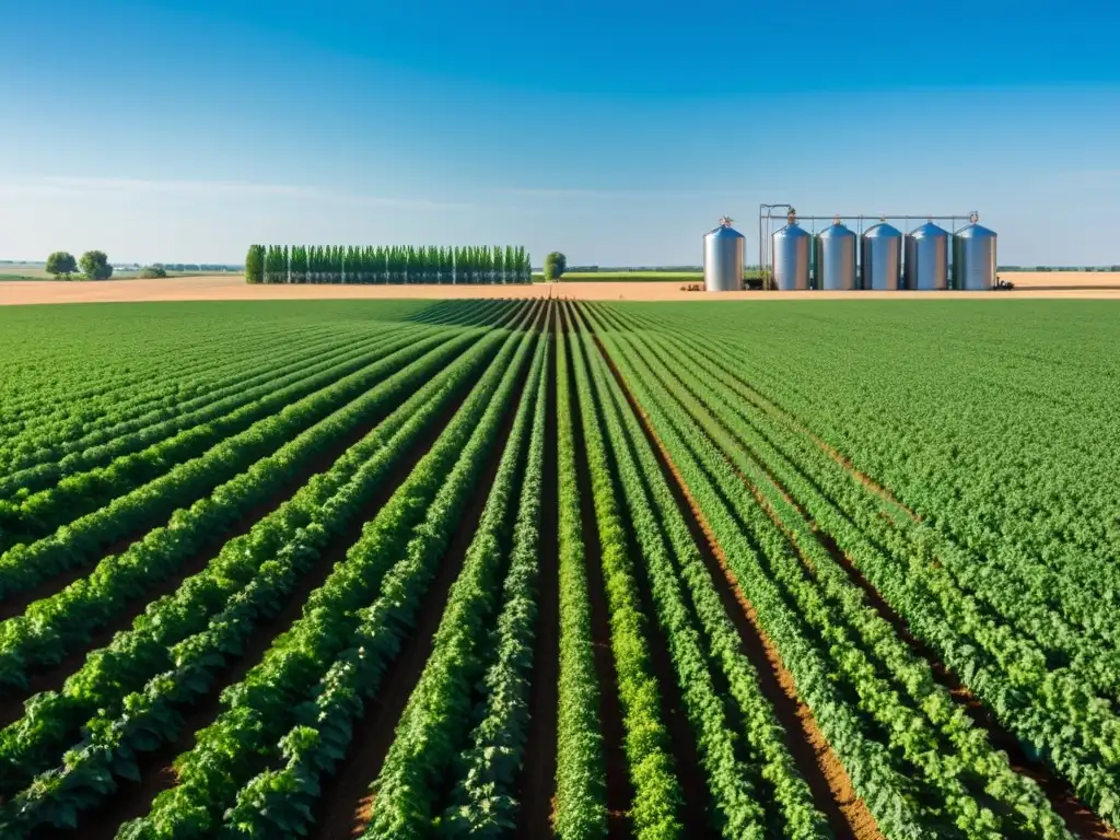 Un campo verde exuberante con sistemas de riego de precisión y sensores, bajo un cielo azul