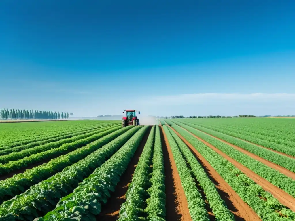 Campo agrícola verde exuberante con trabajadores, máquina agrícola moderna