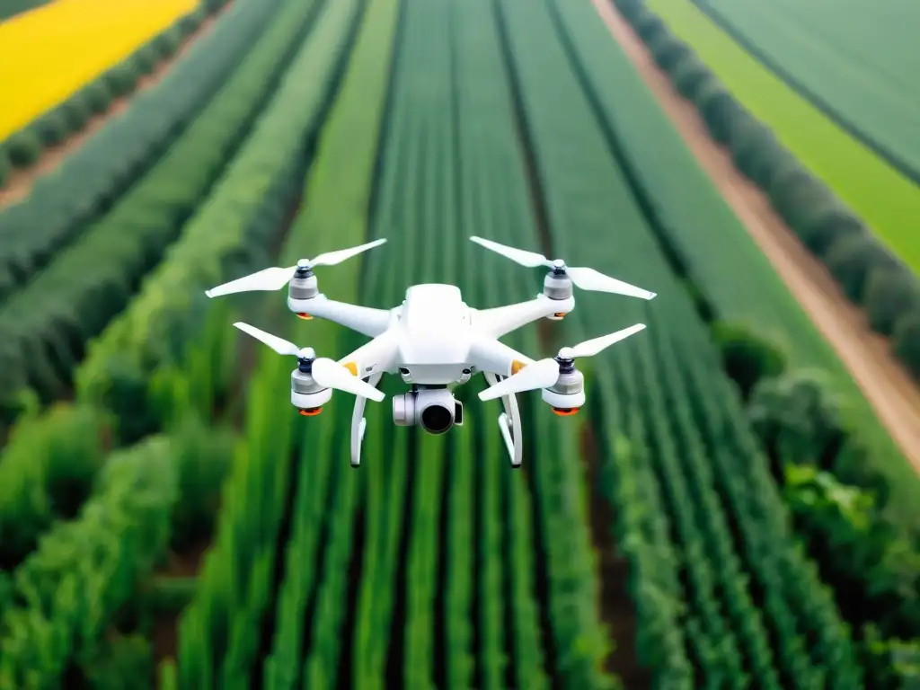 Dron agrícola con IA sobrevolando campo verde, simbolizando integración de naturaleza y tecnología