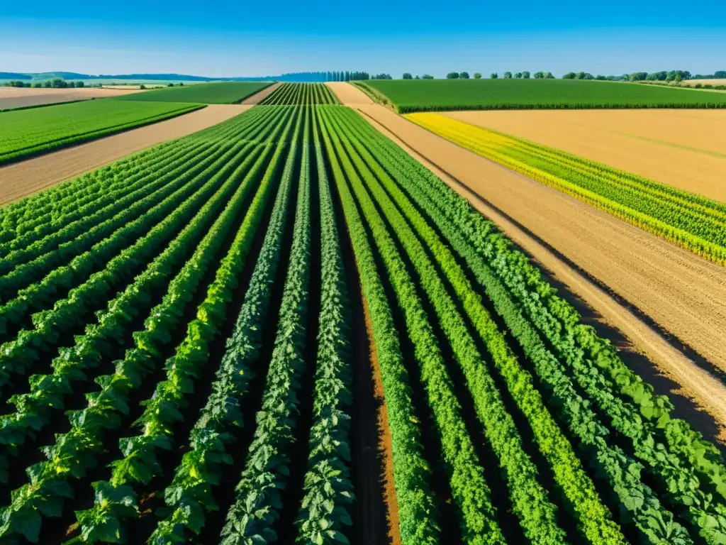 Un campo vibrante y exuberante bajo el cielo azul, con cultivos en hileras