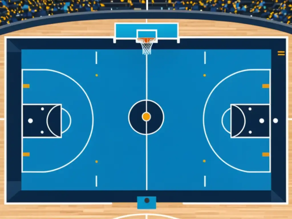 Una cancha de baloncesto futurista con análisis predictivo, big data y líneas limpias, bañada en luz azul