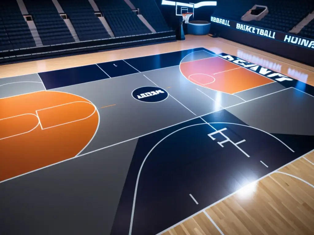 Una cancha de baloncesto futurista iluminada con un resplandor etéreo, fusionando tecnología y tradición