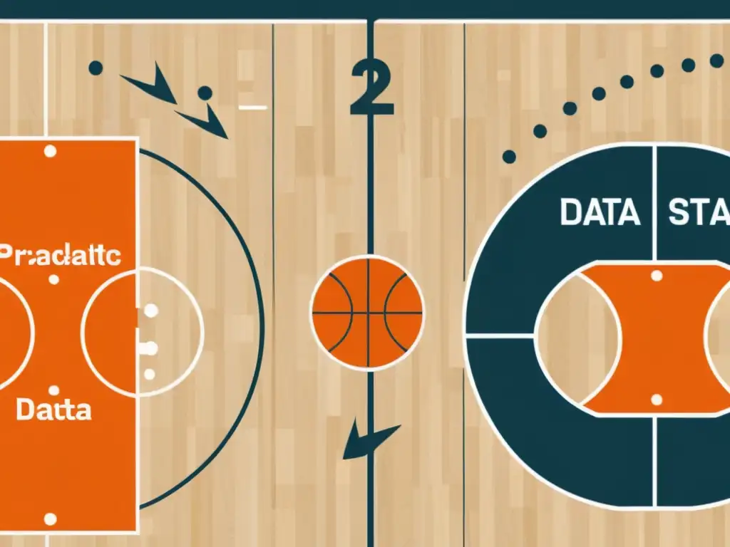 Cancha de baloncesto minimalista con superposición de análisis predictivo y big data, integrando datos para insights en el deporte