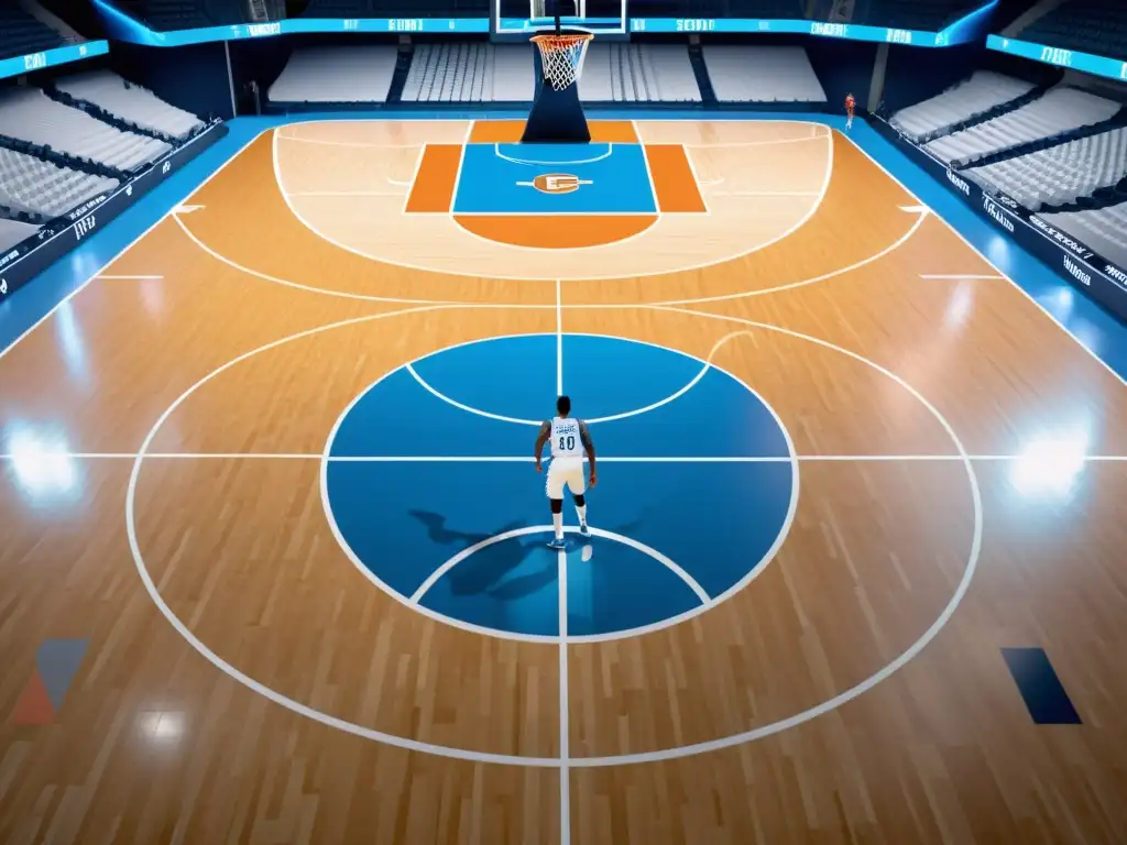 Cancha de baloncesto con proyecciones holográficas futuristas y análisis estadístico, integrando análisis predictivo baloncesto big data en un diseño minimalista de azul y blanco