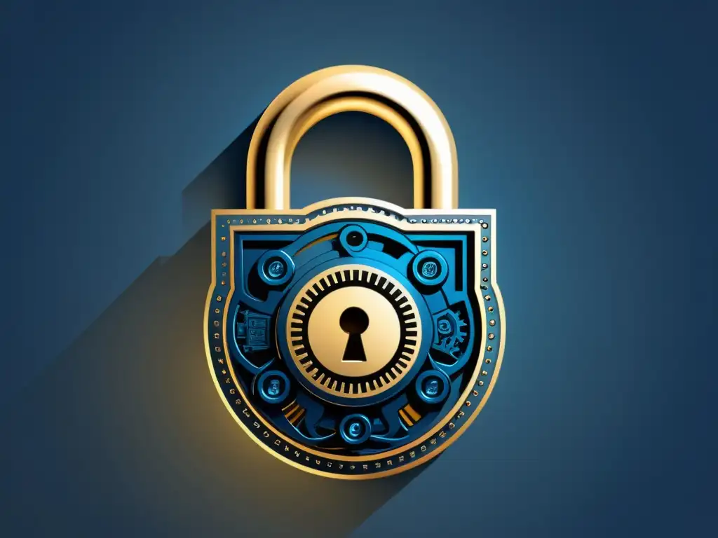 Un candado moderno y sofisticado con engranajes y circuitos, simbolizando la protección de datos en ECommerce