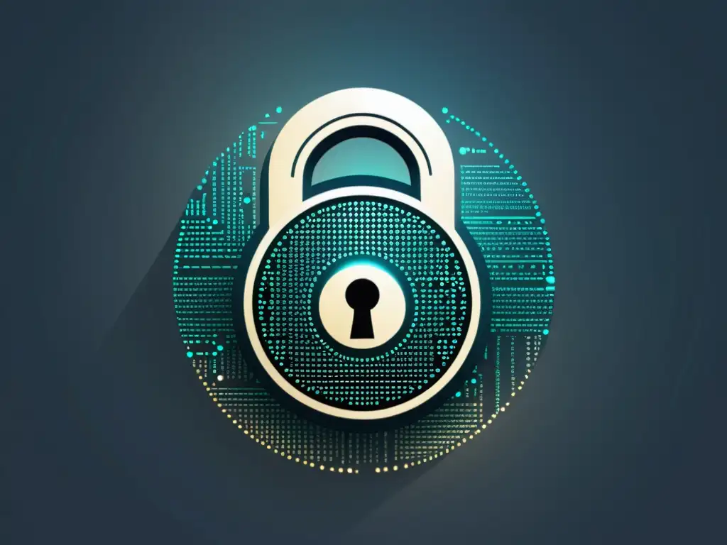 Un candado seguro rodeado de flujos de datos digitales, con detalles intrincados en el mecanismo y código binario