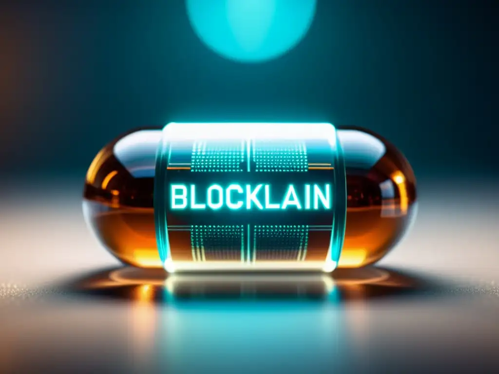 Una cápsula transparente con código blockchain detallado, iluminada por una suave luz futurista