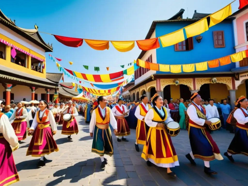 Vivir celebraciones culturales con RA en una bulliciosa plaza llena de coloridas decoraciones, bailes tradicionales y música vibrante al atardecer