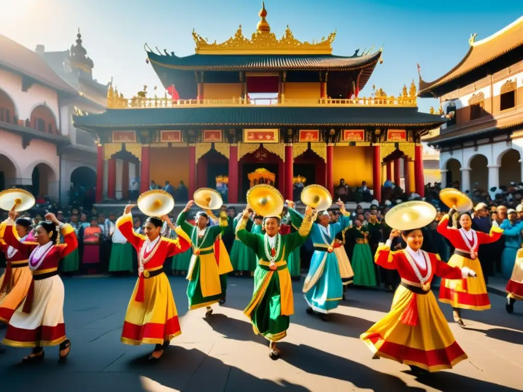 Vivir celebraciones culturales con RA: Coloridos trajes, danzas y arquitectura histórica se funden en una escena festiva llena de vida y tradición