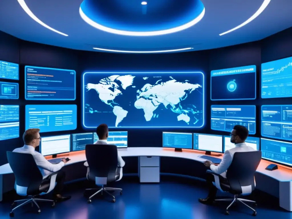 Un centro de ciberseguridad futurista con análisis predictivo en ciberseguridad, pantallas brillantes y siluetas de analistas en un ambiente minimalista y misterioso iluminado con neón azul y blanco