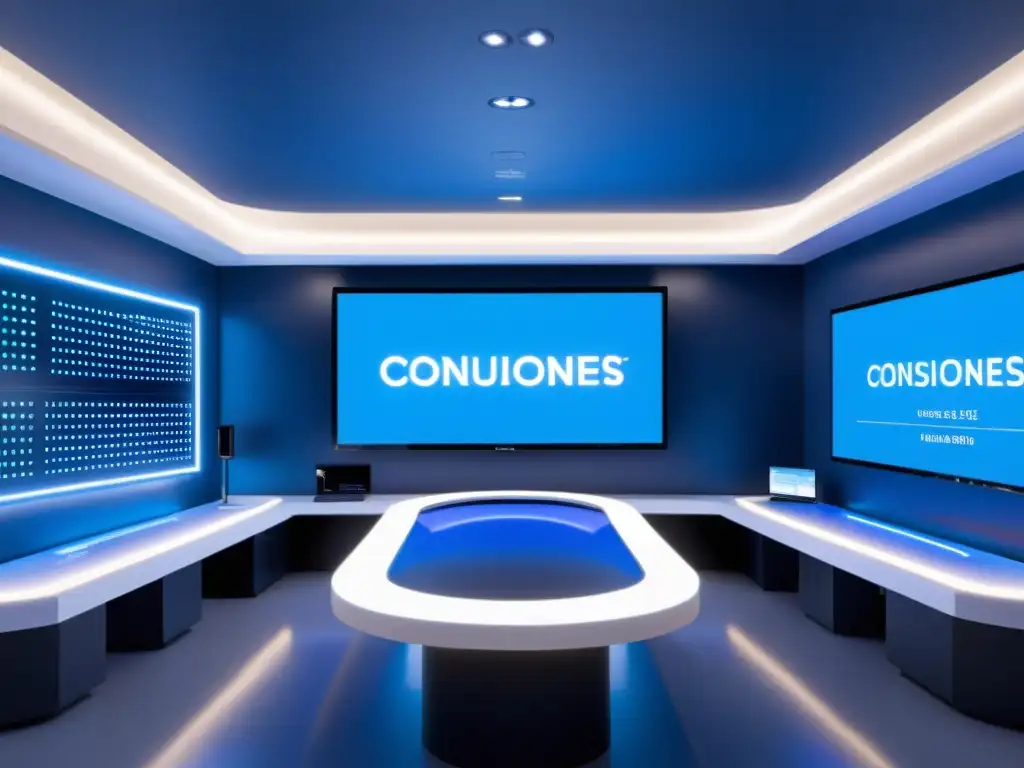 Centro de control de campaña de marketing futurista, bañado en luz azul LED, con visualizaciones de datos en tiempo real