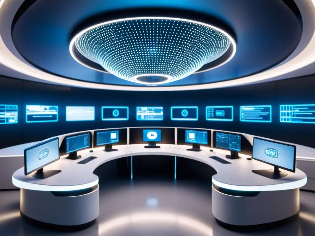 Un centro de control de ciberseguridad futurista y minimalista con análisis predictivo en acción, bañado en luz suave y elegante