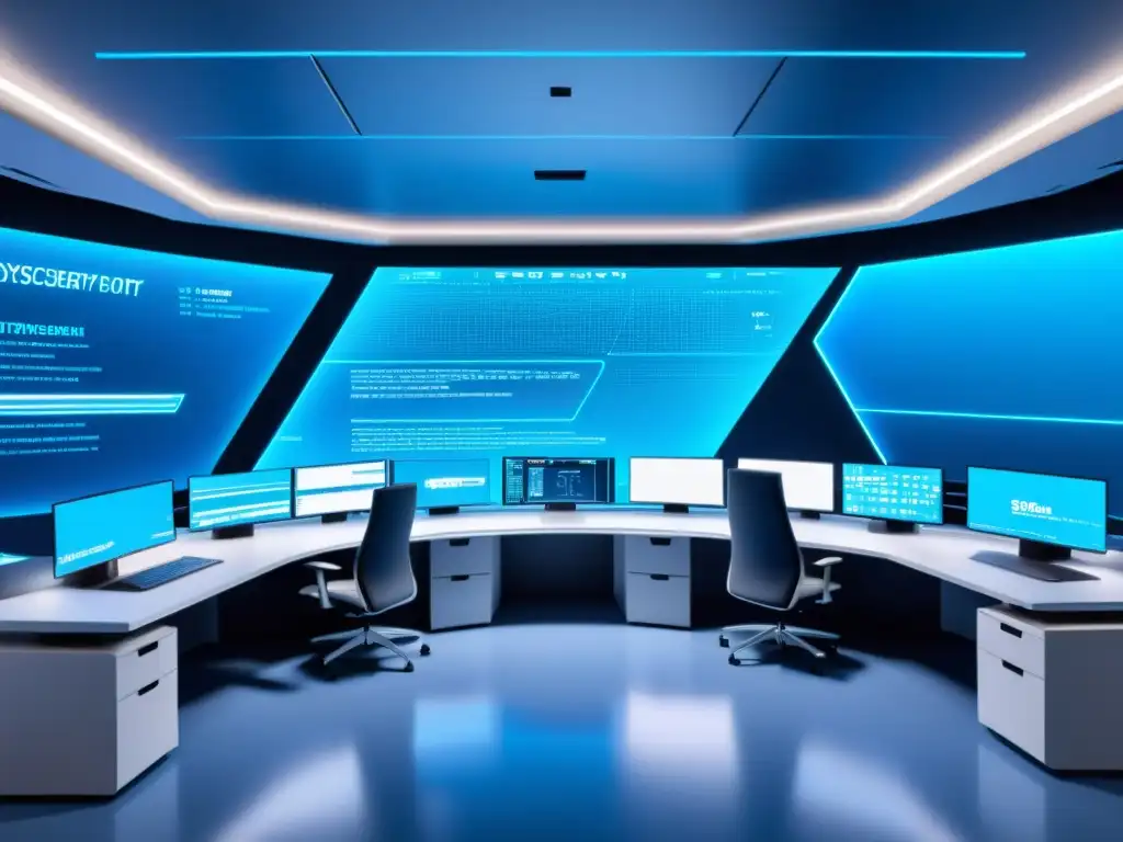 Un centro de control futurista de ciberseguridad, iluminado en azul, con tecnología avanzada y profesionales concentrados