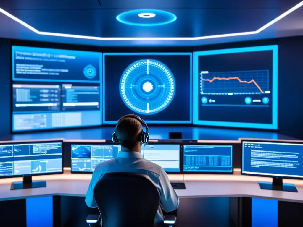 Un centro de control futurista de ciberseguridad con interfaces oscuros, visualización de datos en tiempo real y análisis de amenazas avanzado