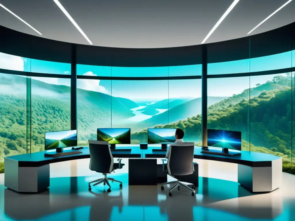 Centro de control futurista con tecnología avanzada y panorámicas vistas a un bosque