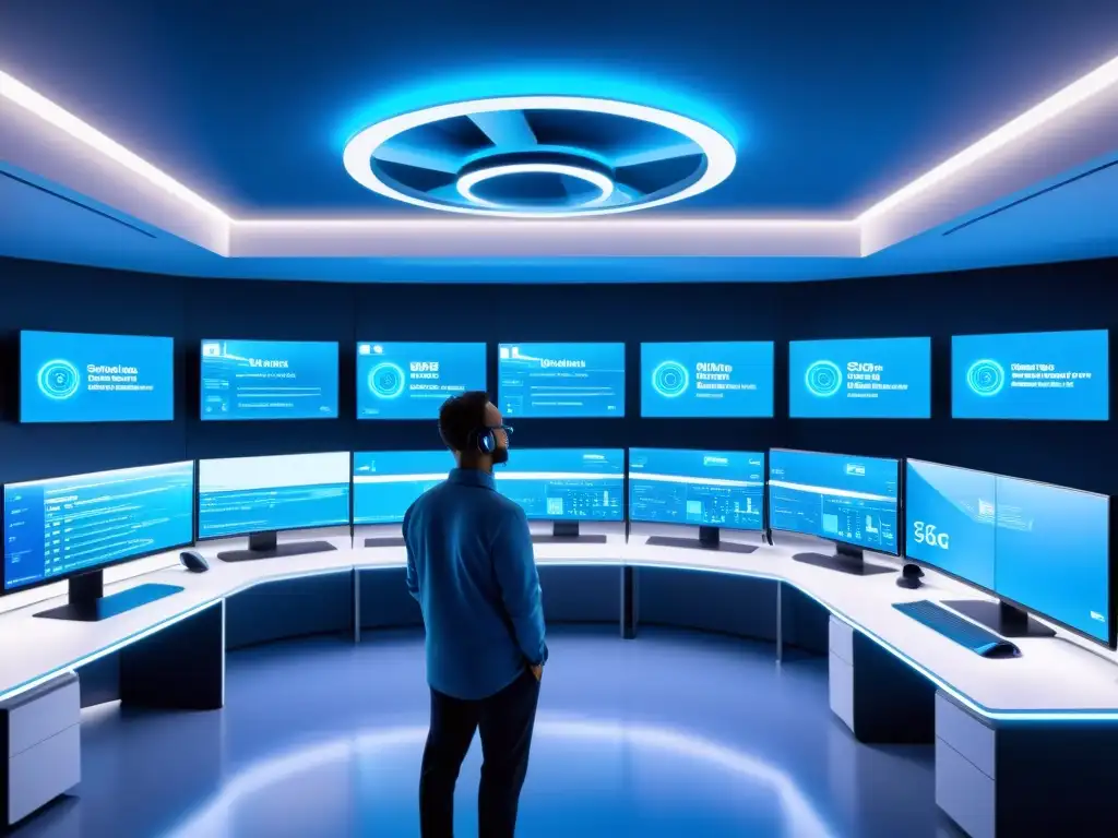 Centro de control de red 5G futurista con tecnología avanzada y manejo de dispositivos en red 5G en pantalla