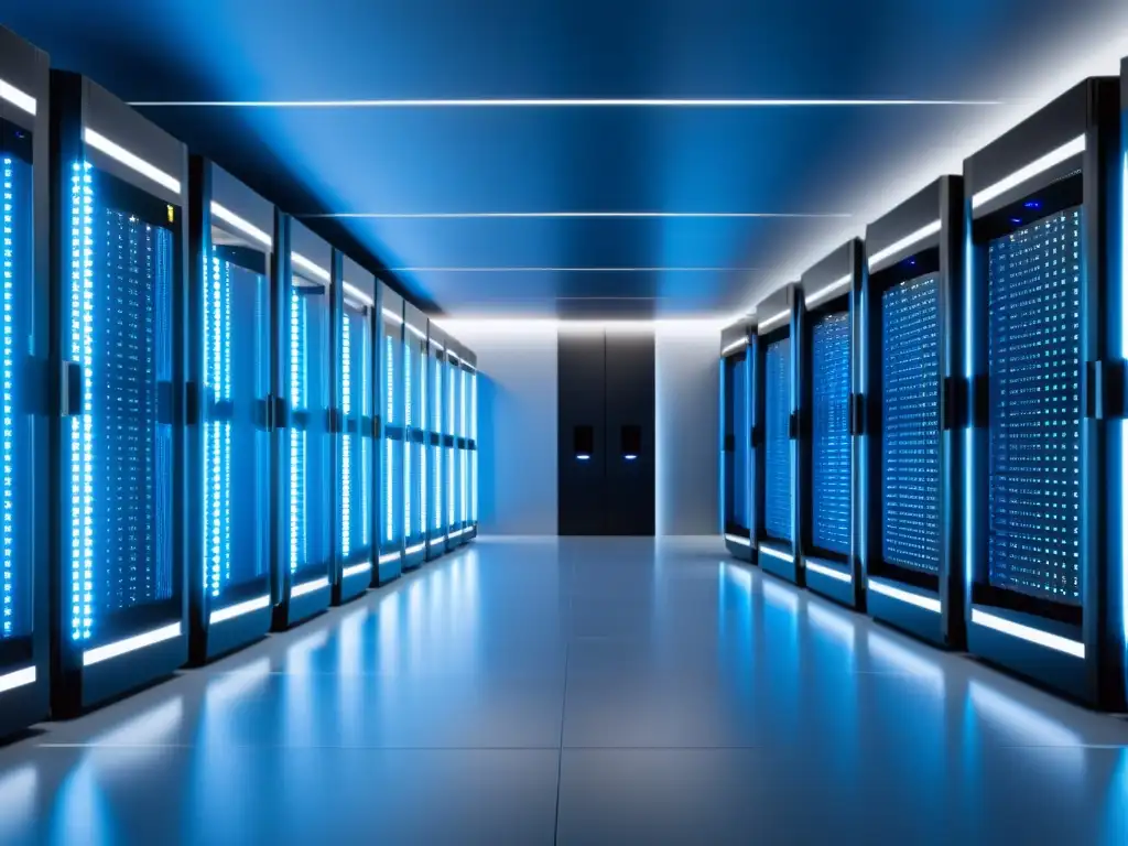 Un centro de datos futurista con servidores alineados en azul LED, reflejando el rol del Big Data en personalización