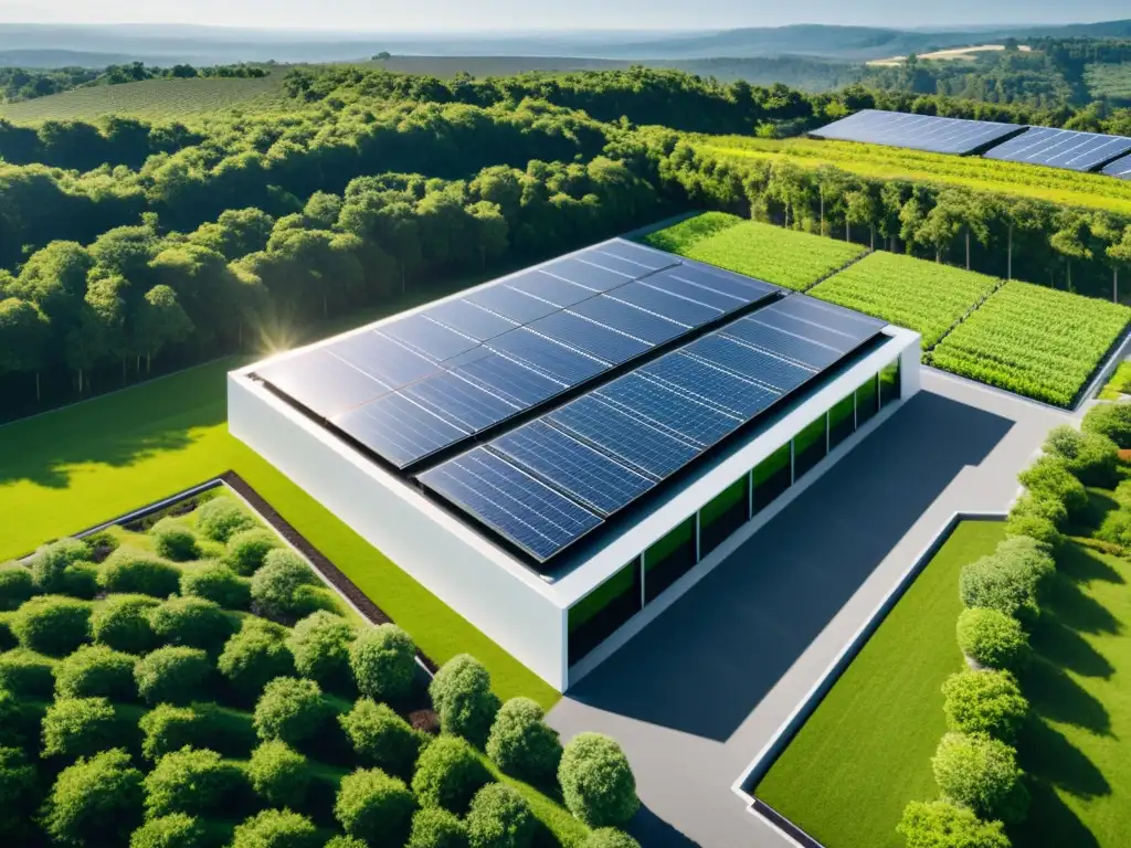 Un centro de datos moderno y eficiente, rodeado de naturaleza, con paneles solares relucientes