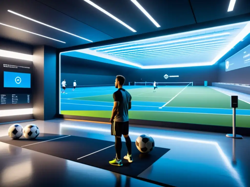 Un centro de entrenamiento deportivo futurista con tecnología avanzada y ambiente sereno, integrando Big Data en las actividades de alto rendimiento