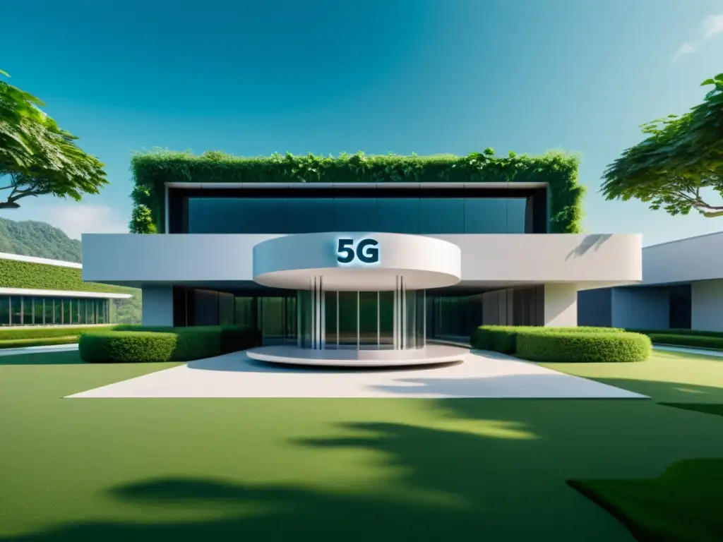 Centro de formación profesional en tecnologías 5G emergentes con arquitectura futurista y entorno verde de innovación y crecimiento