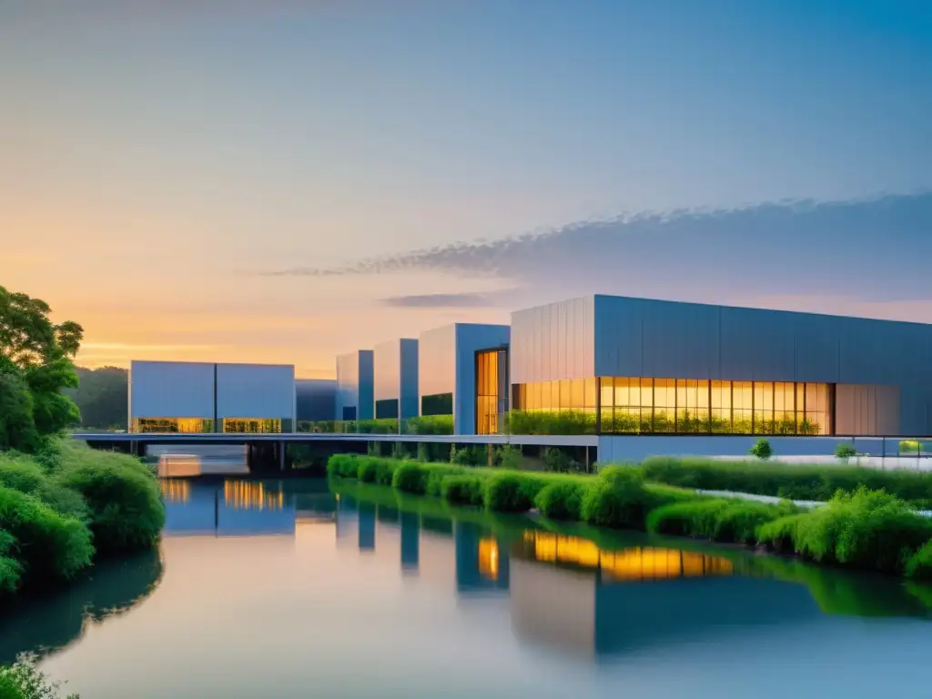 Un centro de reciclaje moderno al atardecer, con edificios geométricos y líneas limpias, rodeado de vegetación exuberante y un río sereno