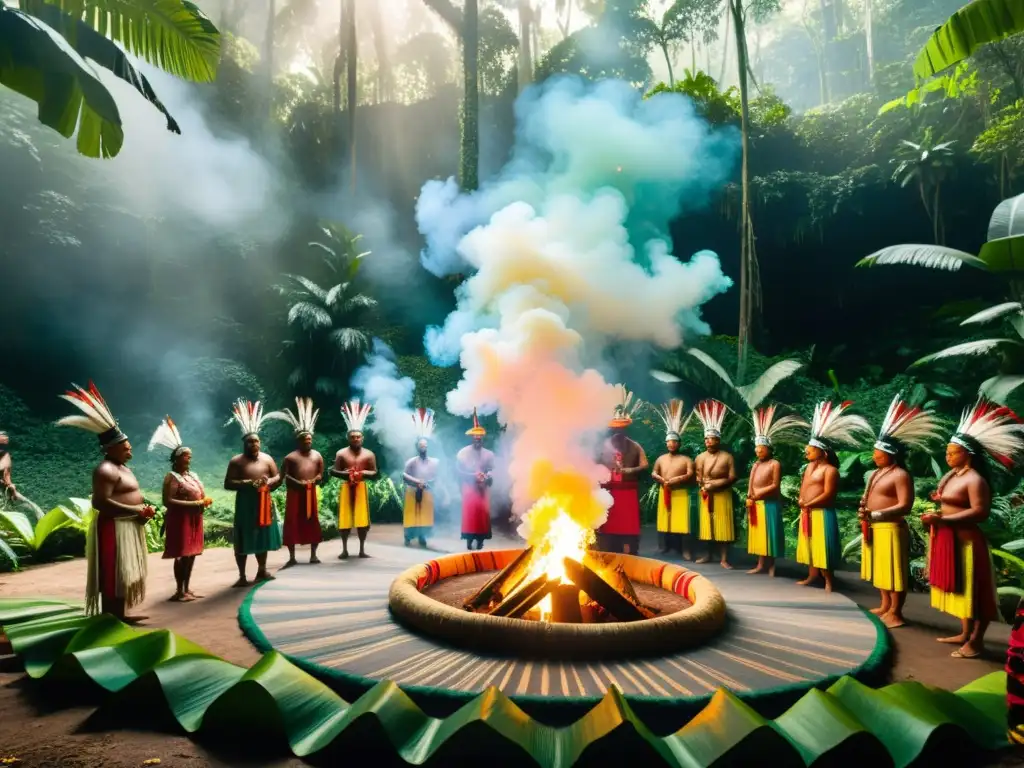 Una ceremonia indígena en la selva: ancianos en atuendos ceremoniales rodeados de tejidos y instrumentos