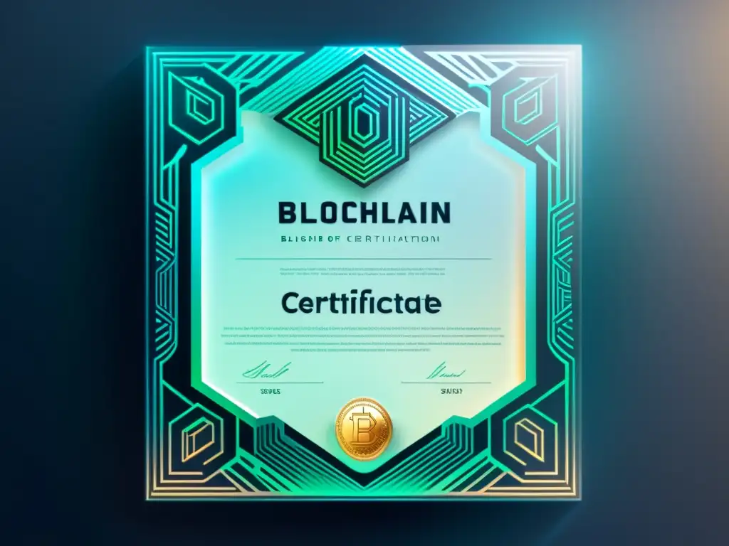 Un certificado de blockchain con patrones holográficos y elementos futuristas, resaltando seguridad y tecnología avanzada