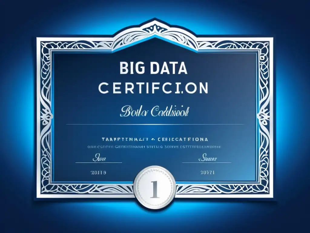 Certificado de capacitación en tecnologías Big Data: diseño elegante y profesional en tonos de azul, con filigranas plateadas y emblema BD