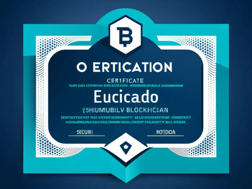 Un certificado minimalista y futurista con patrones inspirados en blockchain en tonos de azul, verde y plata