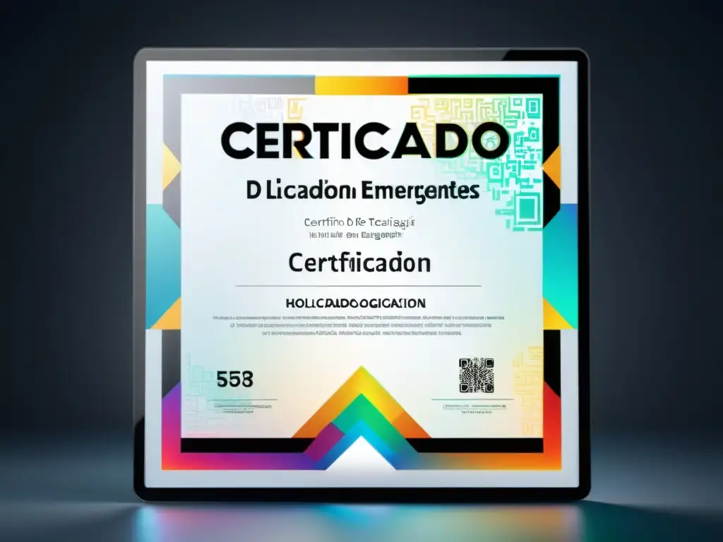 Certificado de Educación en Tecnologías Emergentes con patrones holográficos blockchain y elegante diseño futurista