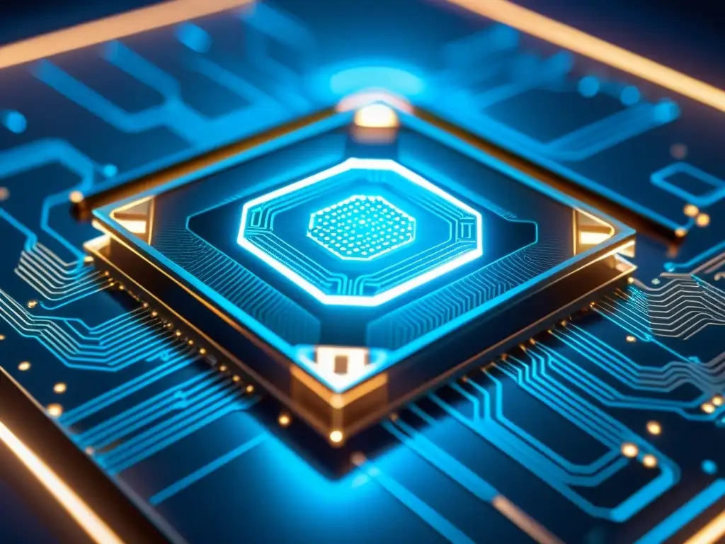 Chip de computadora cuántica iluminado en azul, rodeado de circuitos detallados