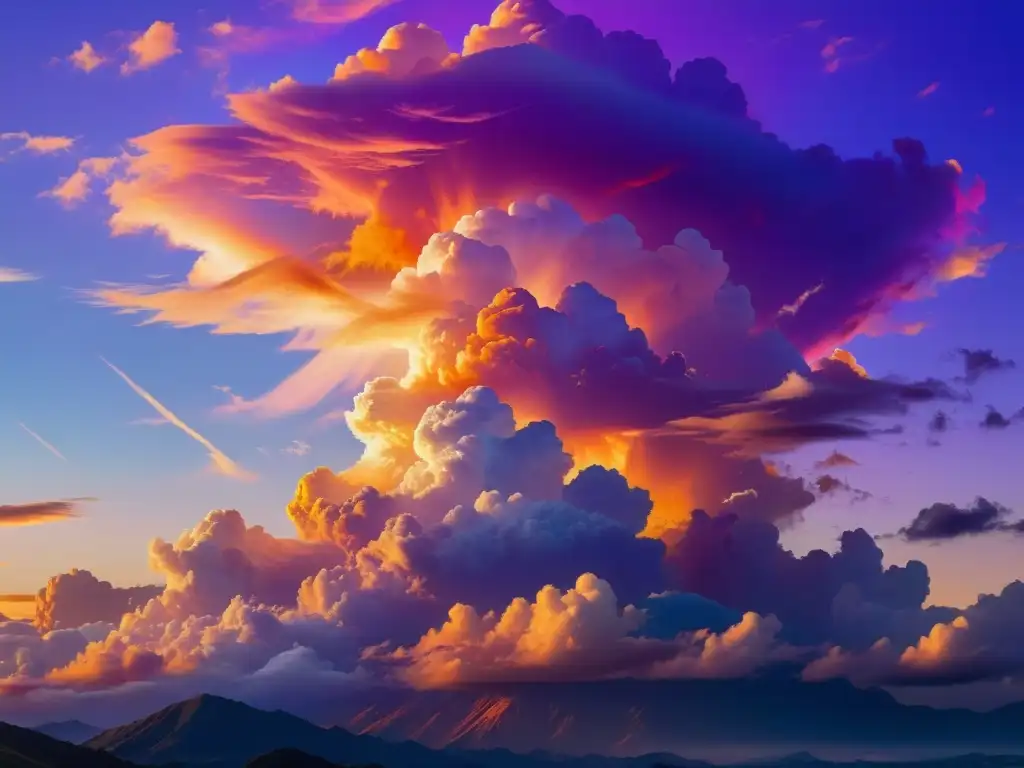 Atardecer de nubes: 8k imagen vívida y serena Un cielo lleno de nubes al atardecer con tonos cálidos y vibrantes