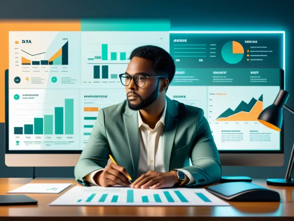 Un científico de datos se concentra en visualización de datos, rodeado de gráficos y tablas, en una ilustración minimalista y moderna