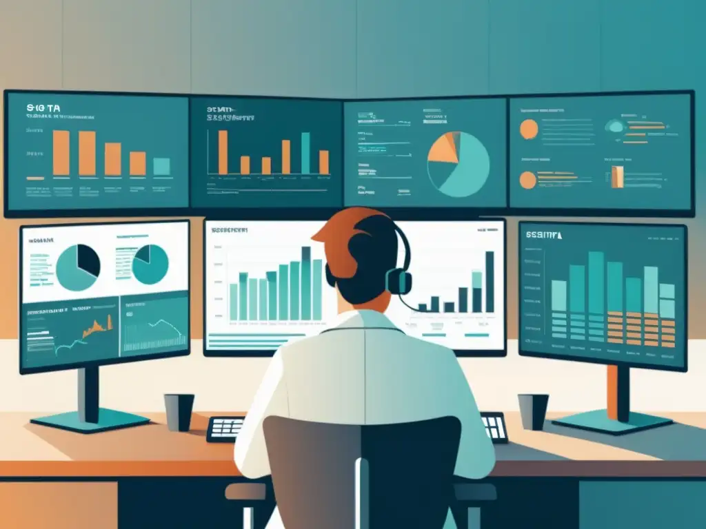 Un científico de datos experto en sector público trabaja rodeado de tecnología y visualizaciones de datos en una ilustración minimalista