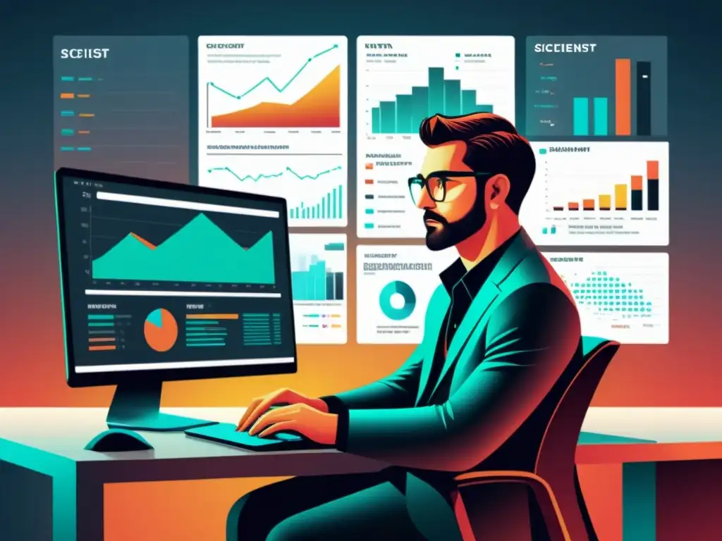 Un científico de datos trabajando frente a una computadora rodeado de gráficos y visualizaciones