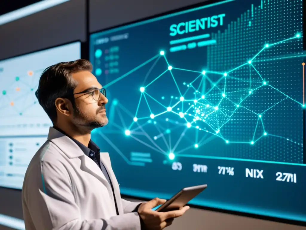 Un científico de datos en el sector público analiza una red de datos en una interfaz holográfica futurista, rodeado de gráficos flotantes