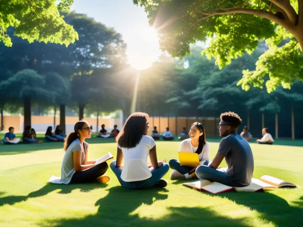 Un círculo de estudiantes diversos debatiendo al aire libre, con libros y laptops