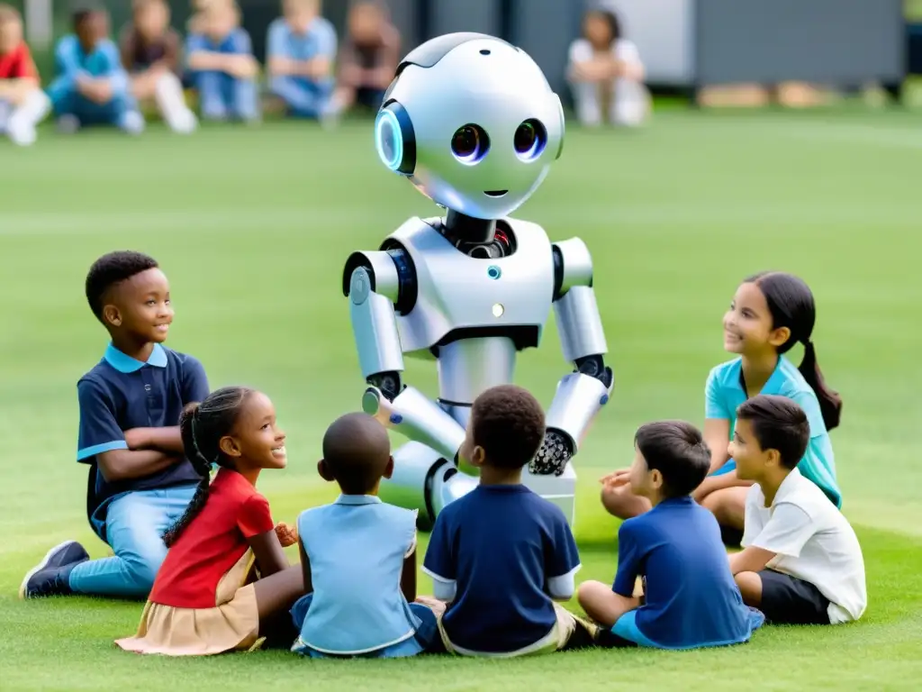 Un círculo de niños escolares diversos discutiendo ética junto a un robot, integrando tecnología en la enseñanza de ética en robótica