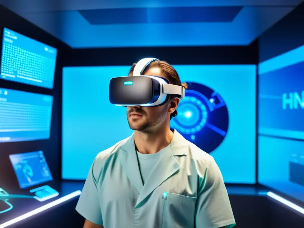 Un cirujano realiza un entrenamiento inmersivo con realidad virtual en un quirófano futurista de alta tecnología