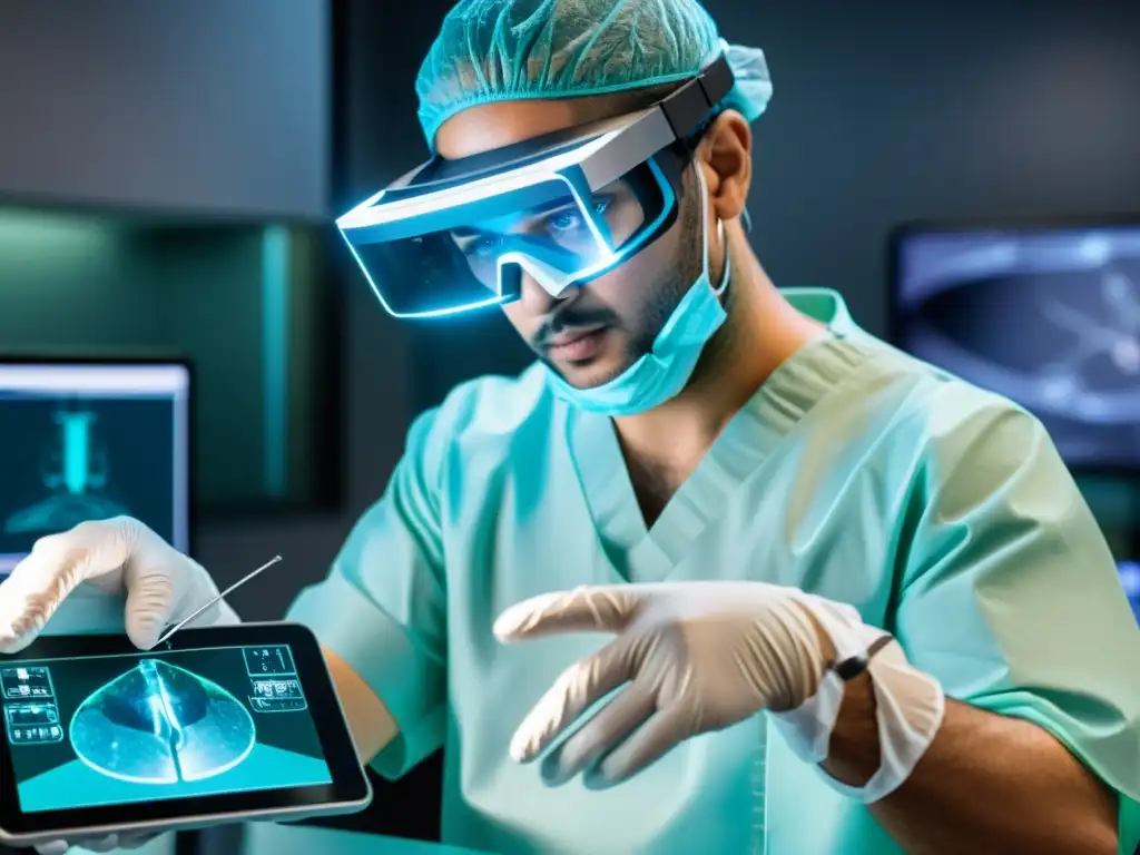 Cirugía futurista con realidad aumentada y datos en tiempo real Un cirujano utilizando gafas de realidad aumentada para realizar una cirugía mínimamente invasiva, con datos del paciente superpuestos en un holograma