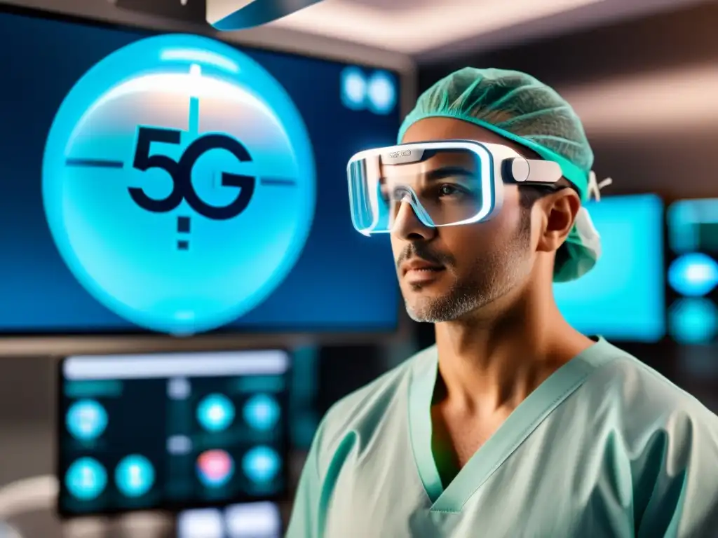 Un cirujano usando gafas de realidad aumentada en una sala de operaciones futurista, con detalles holográficos de la anatomía del paciente